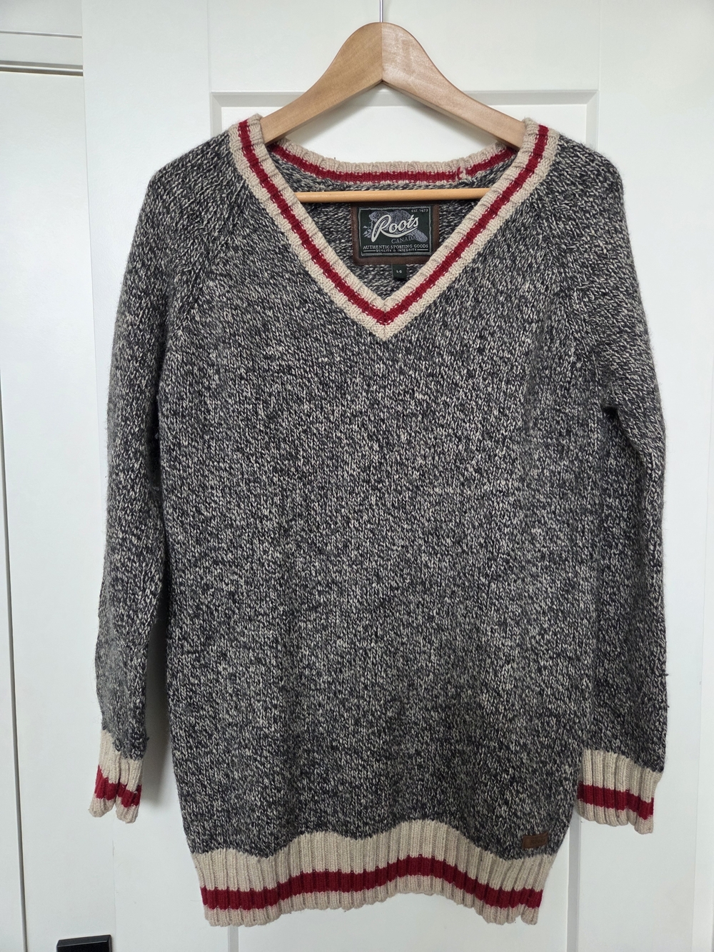 Roots Gray V-Neck Sweater with Cream and Red Stripe Trim - Picture 3 of 6